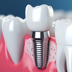 a 3 D illustration of a dental implant undergoing osseointegration