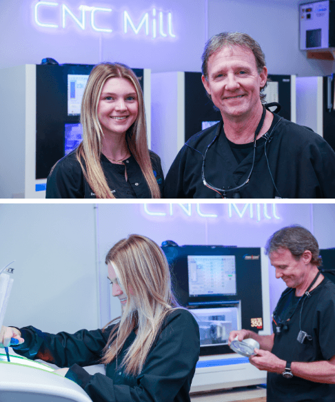 Dental team member holding up custom dental crowns